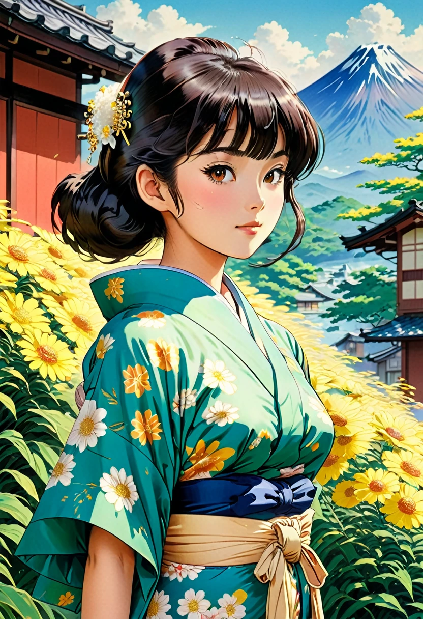 images or scene of young japanese adults 20ish both men and womenin 1960s japan during the summer in japanese countryside almost studio Ghibli feel, Ghibli art style,art style, (cartoon-style bold line work:1.2), vibrant colors, cel shading up close art style of animes during a very classic traditional japanese summertime very japanese bright vivid brilliant very vivid detailing of very 1960s Japan Summer like weight light kimonos and yukatas and 1960s style fashions