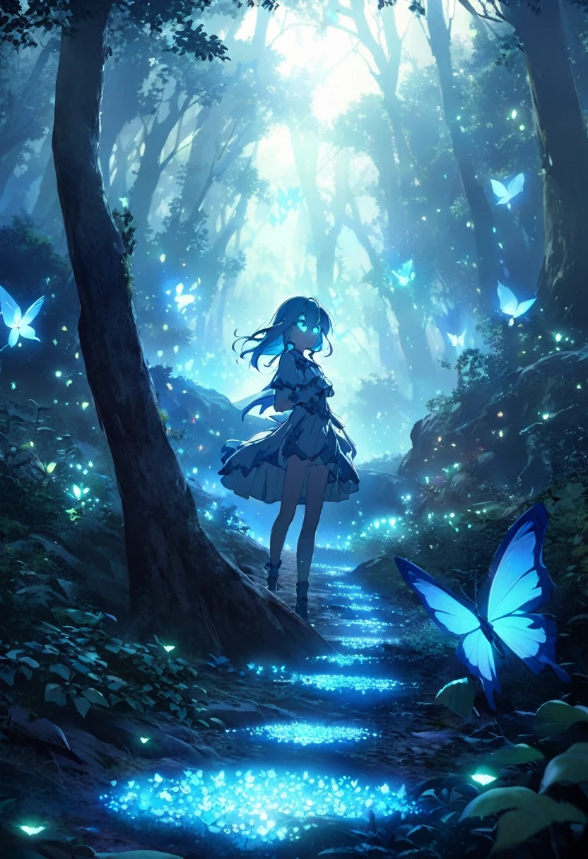 There is a path in the middle of the forest，leaves will shine, glowing crystals on the ground, glowing butterflies, cave glowing stones, Glowing Elves, Glowing spores fly, Glowing blue butterfly, glowing eyes everywhere, Crystals illuminate the scene, glowing firebugs, distant glowing figures, There are little fireflies everywhere, Magical glowing eyes, glowing sphere, beautiful anime scenes