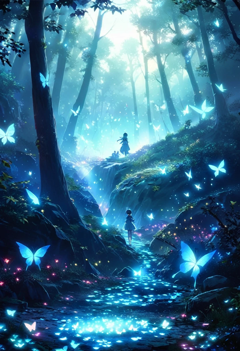 There is a path in the middle of the forest，leaves will shine, glowing crystals on the ground, glowing butterflies, cave glowing stones, Glowing Elves, Glowing spores fly, Glowing blue butterfly, glowing eyes everywhere, Crystals illuminate the scene, glowing firebugs, distant glowing figures, There are little fireflies everywhere, Magical glowing eyes, glowing sphere, beautiful anime scenes