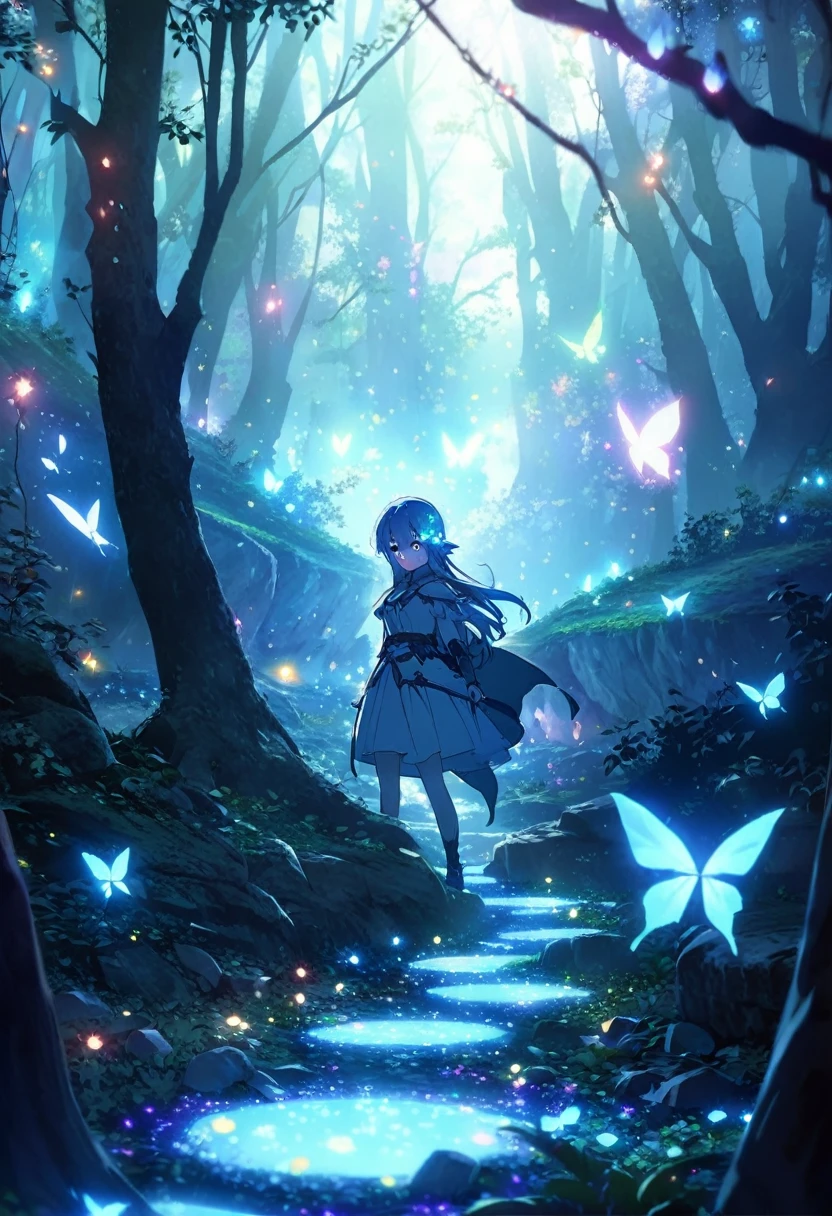 There is a path in the middle of the forest，leaves will shine, glowing crystals on the ground, glowing butterflies, cave glowing stones, Glowing Elves, Glowing spores fly, Glowing blue butterfly, glowing eyes everywhere, Crystals illuminate the scene, glowing firebugs, distant glowing figures, There are little fireflies everywhere, Magical glowing eyes, glowing sphere, beautiful anime scenes