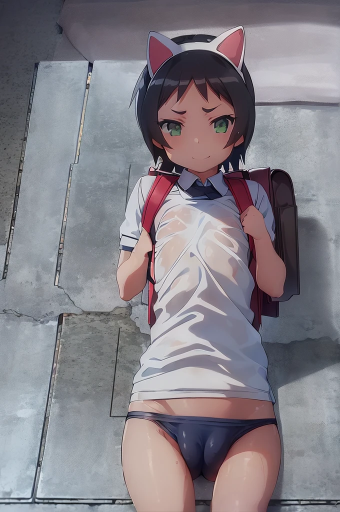 masterpiece, ultra quality, ultra sharp, ultra detailed, 1girl, solo, (((good anatomy))), haduki kurumi, (tattered torn dripping wet white gym shirt), navy gym pants, animal ears, randoseru, name tag, Japanese anime pose, laugh, BurumaShorts, Buruma, Gym Uniform, (((lying:1.4, spread_legs, legspread, split_legs, spreading legs)), (randoseru backpack:1.4), (smirk smile), buruma, blue buruma, black buruma, (cameltoe), (tattered torn short sleeve white gym uniform with colored hem), (tiny nipples), (white long loose socks), strong lighting, legspread, bukkake, cum on clothes, cum on legs, cum on buruma, cum on bloomers,