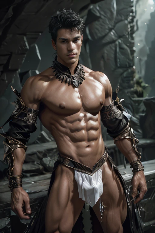 3d, HDR quarter body photorealistic ultra realism high definition aesthetic stabilized diffusion picture of handsome hunky fractal clean shaven King of Spades, in black onyx transparent sparkling shiny crystal glass chrome outfit,,look at camera, detailed facial parts,, studio as background, Freestyle Pose, Happy Expression, perfect anatomy, symmetric body,, 18 years old, high detail, a lean athletic body, realistic, human skin, extremely detailed fingers, chad chin,, masculine, human skin, (eyes contact), gorgeous, Attractiveness