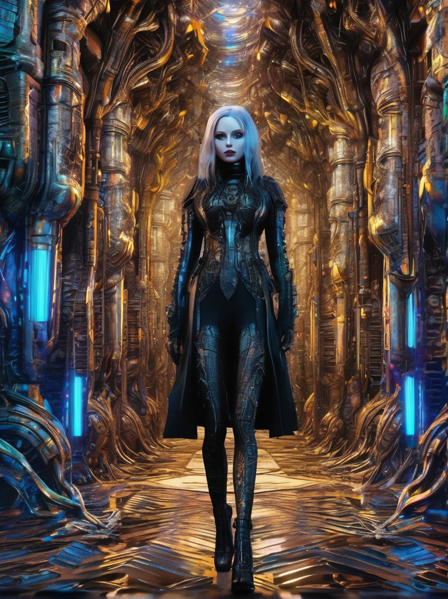 beautiful gothic girl ,Highly detailed face and body,Walking through a dystopian world.she is happy to be alone in this world,Very detailed,Realistic,masterpiece,Dynamic Light,Sparkling,bright,Beautiful images inspired by H.R.Giger.Orson Welles and Jean Ansel,Very colorful