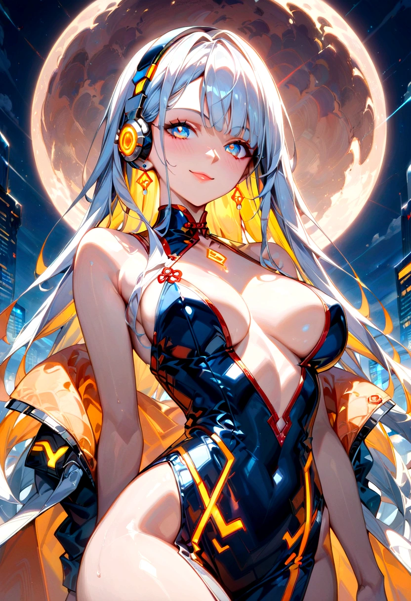 score_9, score_8_up, score_7_up, score_6_up, 1 girl, Chinese_clothes, liquid silver and orange, cyberhan, cheongsam, cyberpunk city, dynamic pose, detailed luminous headphones, glowing hair accessories, long hair, glowing earrings, glowing necklace, cyberpunk, high-tech city, full of mechanical and futuristic elements, futuristic, technology, glowing neon, orange, orange light, transparent tulle, transparent streamers, laser, digital background urban sky, big moon, with vehicles, best quality, masterpiece, 8K, character edge light, Super high detail, high quality, the most beautiful woman in human beings, micro smile, face facing front and left and right symmetry, ear decoration, beautiful pupils, light effects, visual data, silver white hair, super detail facial texture