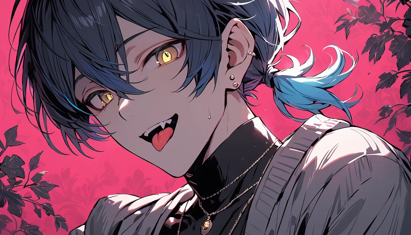 ((((best masterpiece, best quality, wallpaper,)))) solo, guy, male body, small muscles, flat chest, 1male, 30 years old, handsome man, dramatic angle, upper body, looking at viewers, beautiful detailed, tongue out, mediumturquoise hair, ((((Lower short ponytail)))), asymmetrical bangs, ((short hair,)) ((( jitome, gold eyes, ^o^, tareme, droopy eyes,))) (((perfect face, extremely detailed eyes,))) perfect hands, sharp nose, clear face, black turtleneck, grey cardigan, ((silver piercing, pendant,)) leggings, pink background color ultrasharp, 8K, masterpiece,