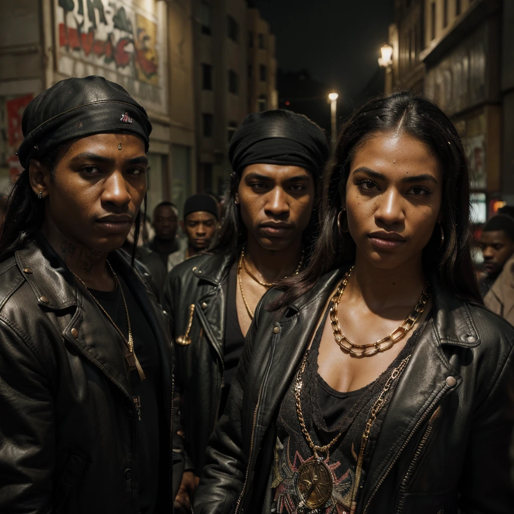 (masterpiece, high resolution, photorealistic:1.3), large group of 100 black gangsters, all looking at the audience, (confused expressions:1.2), urban setting, (detailed street background:1.1), diverse fashion styles, leather jackets, gold chains, bandanas, graffiti-covered walls, nighttime, dim streetlights, subtle shadows, dynamic composition, vibrant details, intense atmosphere.