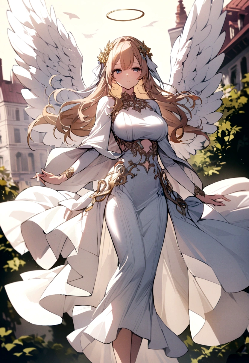 Big Breasts Angel, Wearing a gorgeous dress that covers the whole body, Floating in the air, angel wings, outdoor
