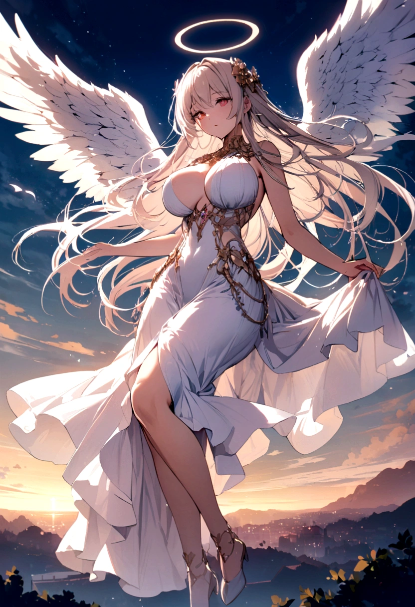 Big Breasts Angel, Wearing a gorgeous dress that covers the whole body, Floating in the air, angel wings, outdoor