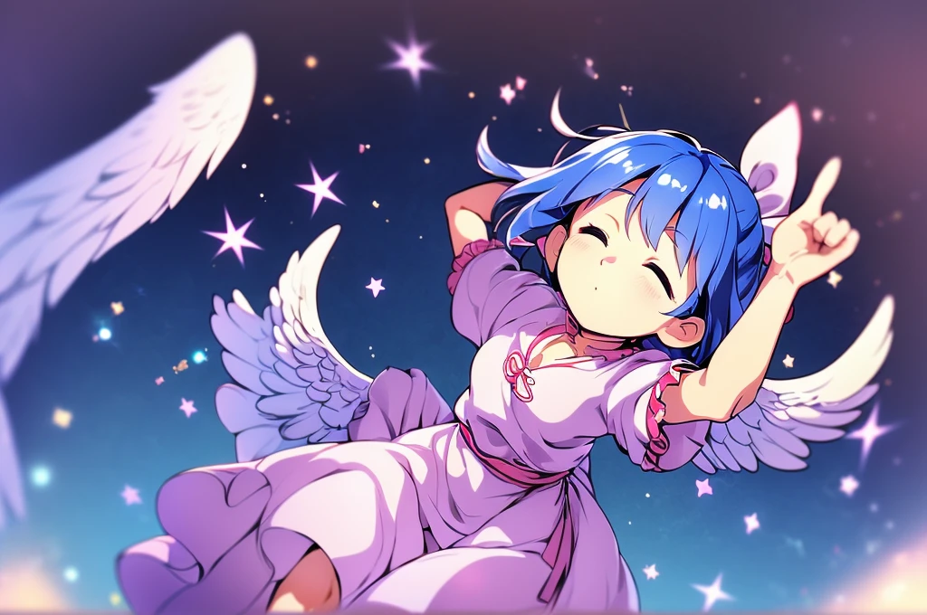 masterpiece, best quality, 1girl, , , 10 years old, medium blue hair, hair flaps, pink ribbon on head, well-formed face, blue eyes, angel girl, white blouse, puffy short sleeves, red ribbon, angel wings, long white skirt, red shoes, frills, ribbon head, from behind, to lift up one’s skirt, cowboy shot, from front, standing , raise one leg, crossed arms, arms up behind, arms behind back, hand between legs, put hands hip, one hand on hip, forward hands, arms raised in the air, punch hands, peace sign, waving, put up index finger, sit, lie down, closed eyes, lie face down, looking back, put one hand chest, leaning forward, cleavage, close up, horizontally outstretched arms, horizontally outstretched legs, front view, front face