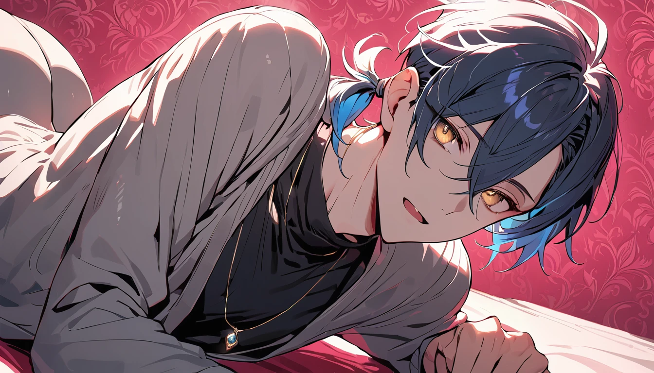((((best masterpiece, best quality, wallpaper,)))) solo, guy, male body, small muscles, flat chest, 1male, 30 years old, handsome man, dramatic angle, upper body, looking at viewers, beautiful detailed, Expressionless, lying down, mediumturquoise hair, ((((Lower short ponytail)))), asymmetrical bangs, ((short hair,)) ((( gold eyes, ^o^, tareme, droopy eyes,))) (((perfect face, extremely detailed eyes,))) perfect hands, sharp nose, clear face, black turtleneck, grey cardigan, ((silver piercing, pendant,)) leggings, pink background color ultrasharp, 8K, masterpiece,