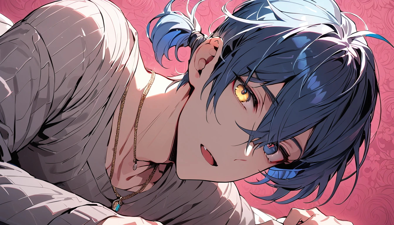 ((((best masterpiece, best quality, wallpaper,)))) solo, guy, male body, small muscles, flat chest, 1male, 30 years old, handsome man, dramatic angle, upper body, looking at viewers, beautiful detailed, Expressionless, lying down, mediumturquoise hair, ((((Lower short ponytail)))), asymmetrical bangs, ((short hair,)) ((( gold eyes, ^o^, tareme, droopy eyes,))) (((perfect face, extremely detailed eyes,))) perfect hands, sharp nose, clear face, black turtleneck, grey cardigan, ((silver piercing, pendant,)) leggings, pink background color ultrasharp, 8K, masterpiece,
