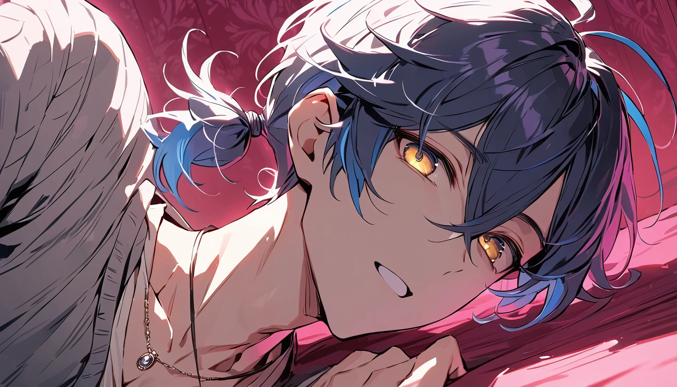 ((((best masterpiece, best quality, wallpaper,)))) solo, guy, male body, small muscles, flat chest, 1male, 30 years old, handsome man, dramatic angle, upper body, looking at viewers, beautiful detailed, Expressionless, lying down, mediumturquoise hair, ((((Lower short ponytail)))), asymmetrical bangs, ((short hair,)) ((( gold eyes, ^o^, tareme, droopy eyes,))) (((perfect face, extremely detailed eyes,))) perfect hands, sharp nose, clear face, black turtleneck, grey cardigan, ((silver piercing, pendant,)) leggings, pink background color ultrasharp, 8K, masterpiece,