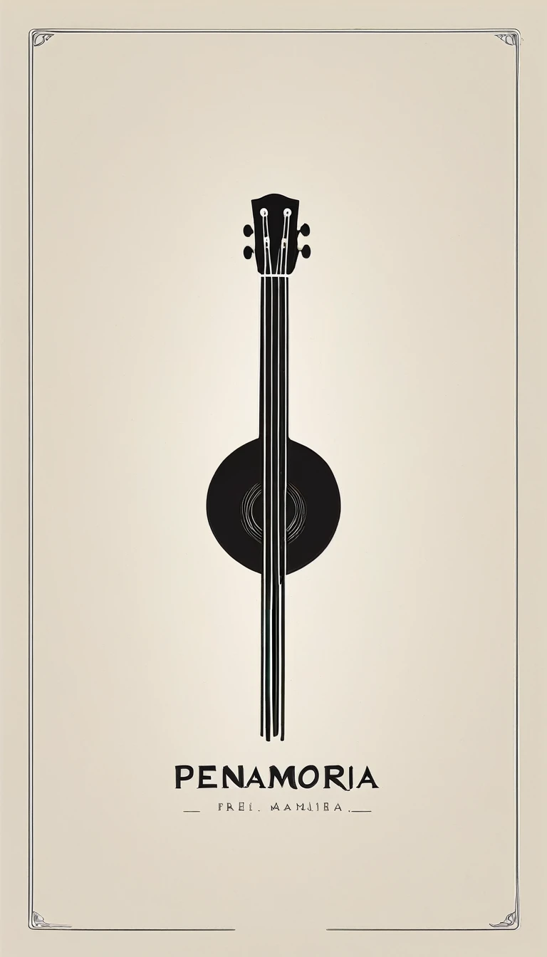 A minimal, modern, simple, cinematic logotype for the brand “Penamemoria". The logotype must be a simple, magical feather and a boy playing acoustic guitar. The logo must convey a sense of music, stories and dreams. Logo design impressed on a book cover. Minimalistic logo