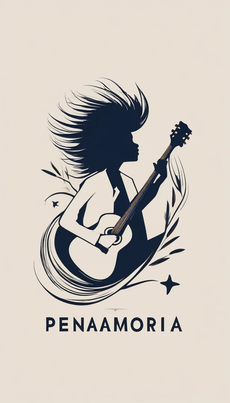 A minimal, modern, simple, cinematic logotype for the brand “Penamemoria". The logotype must be a simple, magical feather and a boy playing acoustic guitar. The logo must convey a sense of music, stories and dreams. Logo design impressed on a book cover. Minimalistic logo