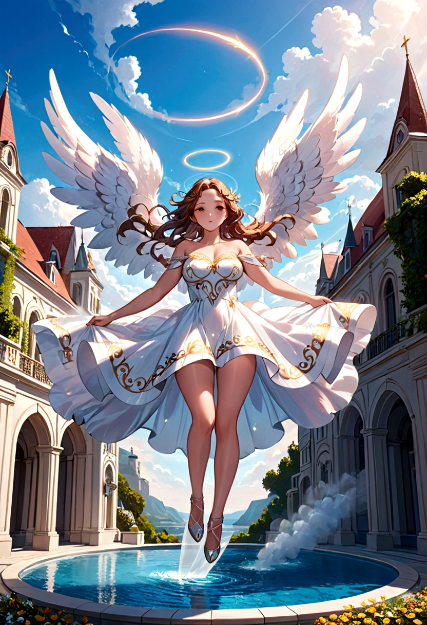 Big Breasts Angel, Wearing a gorgeous dress that covers the whole body, Floating in the air, angel wings, outdoor