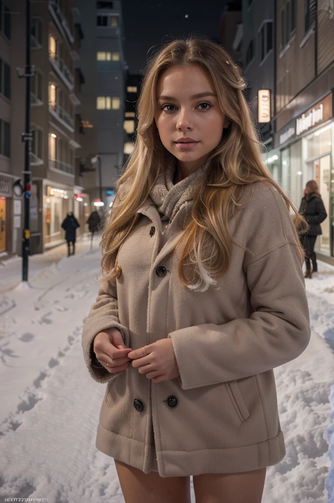 professional portrait photograph of a gorgeous Norwegian girl in winter clothing with long wavy blonde hair, sultry flirty look, gorgeous symmetrical face, cute natural makeup, wearing elegant warm winter fashion clothing, ((standing outside in snowy city street)), stunning modern urban environment, ultra realistic, concept art, elegant, highly detailed, intricate, sharp focus, depth of field, f/1. 8, 85mm, medium shot, mid shot, (((professionally color graded))), bright soft diffused light, (volumetric fog), trending on instagram, hdr 4k, 8k