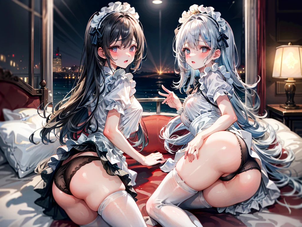 (Best quality, 8k, 32k, Masterpiece, UHD,:1.2),RAW, 2girls,ultra cute , natural lighting,transparent shining eyes, 20yo,medium breast ,fair complexion ,long White hair, flushed face, maid Costume, lying, From Behind , show off panties, stick out butt, Closeup shot, (ecstasy:0.8) ,(slut:0.8), (vulgarity:0.8), (fucked silly:0.8),(steam:0.8),(trembling:1.3)),(tears:0.7) , Happily, blush,at night, hotel