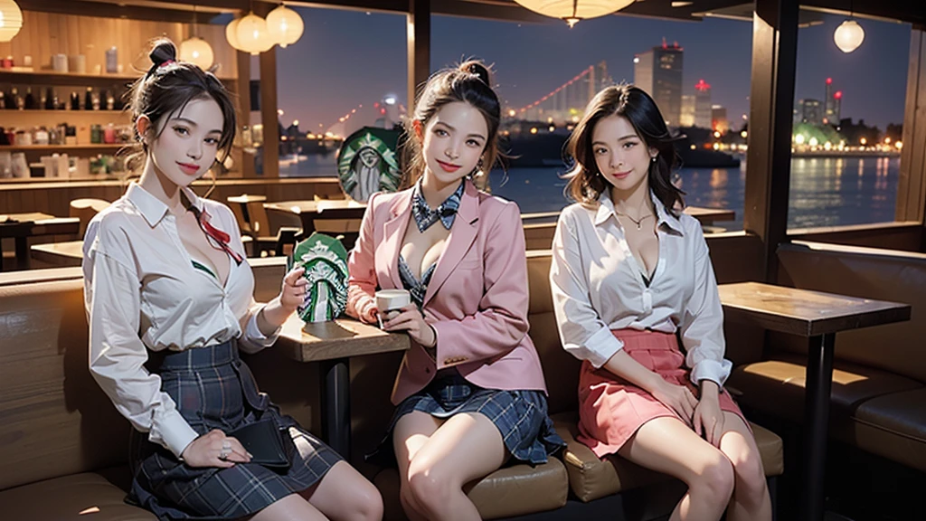 (A girl in a blazer uniform ((White blouse with formal collar, Pink Blazer, 
Blue Check Skirt, Red checkered ribbon on blouse)), Complete limbs, Full Finger,)


High-resolution images, Atmospheric perspective, 8K, Super detailed, Accurate, Highest quality, Angle from below the table, woman, ((smile)), In the city, busy, (((skyscraper))),High heels, Shoulder bag, necklace, restaurant with big windows, Take a seat, (Other customers), (((night景, You can see the view of the harbor from the window))), food, Put your hair up,(((((Starbucks Coffee)))))((((Three Women))))(((night)))
((((Emphasize cleavage))))(A girl in a blazer uniform ((White blouse with formal collar, Pink Blazer, 
Blue Check Skirt, Red checkered ribbon on blouse)), Complete limbs, Full Finger,)


High-resolution images, Atmospheric perspective, 8K, Super detailed, Accurate, Highest quality, Angle from below the table, woman, ((smile)), In the city, busy, (((skyscraper))),High heels, Shoulder bag, necklace, restaurant with big windows, Take a seat, (Other customers), (((night景, You can see the view of the harbor from the window))), food, Put your hair up,(((((Starbucks Coffee)))))((((Three Women))))(((night)))
((((Emphasize cleavage))))