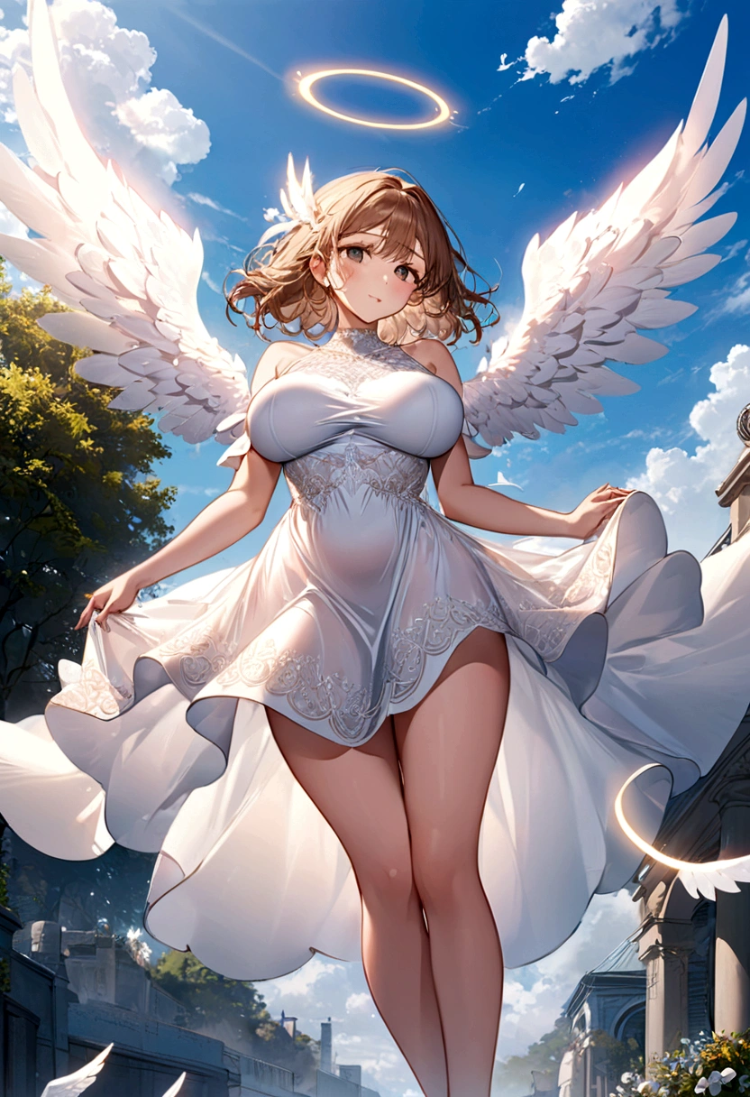 Big Breasts Angel, Wearing a gorgeous dress that covers the whole body, Floating in the air, angel wings, outdoor