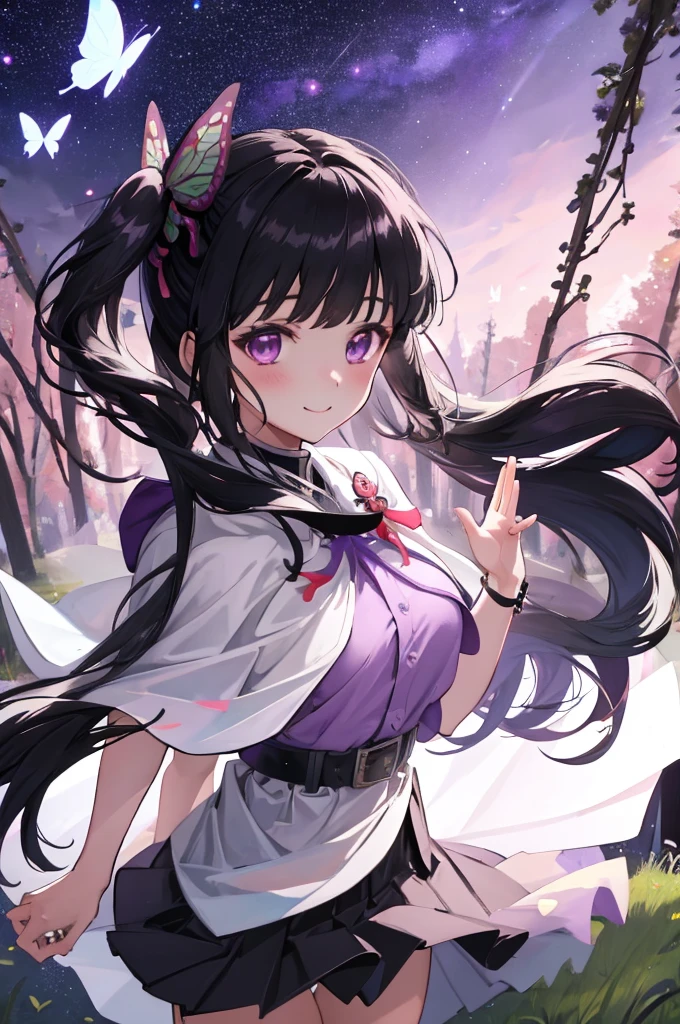 (masterpiece:1.3), (best quality:1.1), (8k, ultra detailed, ultra high res:1.2), ((anime style)), perfect 5 fingers, perfect anatomy, 
1girl,
Kanao Tsuyuri, 
BREAK long hair, side ponytail, 
black hair, 
purple eyes, 
butterfly hair ornament, 
(medium breasts:0.9),  
BREAK purple shirt, pleated skirt, white cape, 
smile, 
looking at viewer, 
cowboy shot, 
perfect light, 
waving, waving arms, outdoors, forest, field, night, night sky, starry sky,