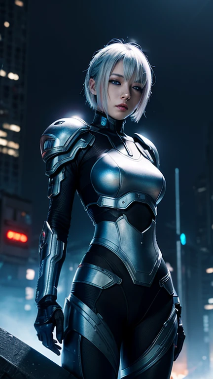 Cyberpunk female character in a futuristic ruin city setting. short silver hair, blue eyes. Wearing partial cybernetic shiny silver armor with glowing blue accents. Urban night background with pop smoke in Asian characters. Highly detailed digital art style with dramatic lighting.