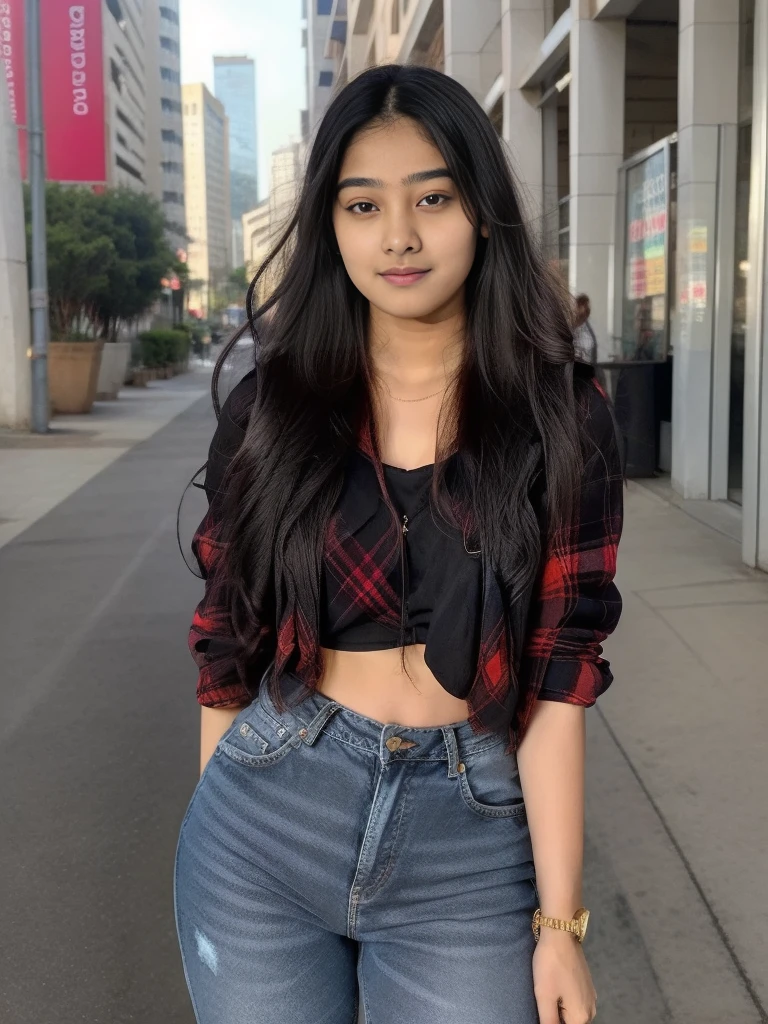 lovely cute young attractive indian teenage girl, big city girl, 18 years old, cute, an Instagram model, long black_hair, colorful hair, hot, dacing, wear red check set and light blue jeans ,Indian