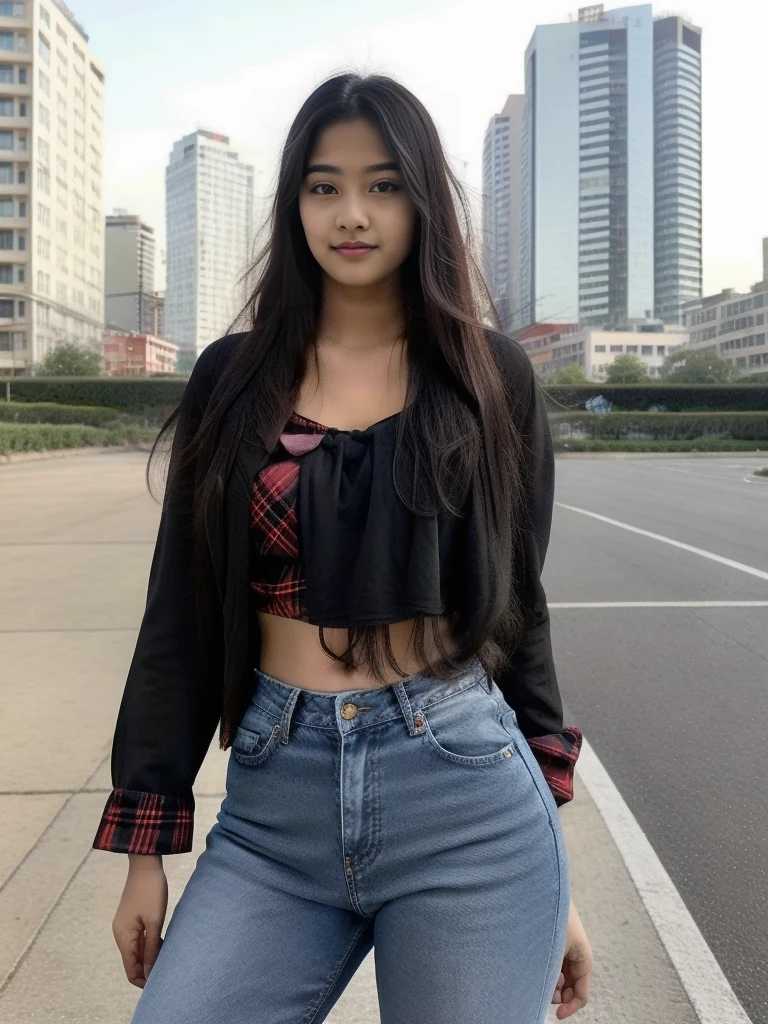 lovely cute young attractive indian teenage girl, big city girl, 18 years old, cute, an Instagram model, long black_hair, colorful hair, hot, dacing, wear red check set and light blue jeans ,Indian
