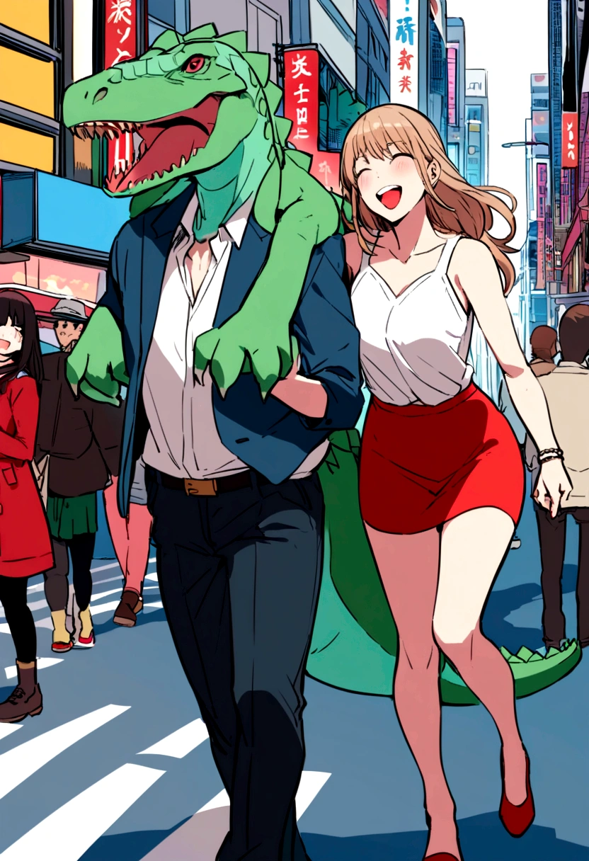 A dinosaur is walking through the city of Kabukicho in Shinjuku, laughing as he holds the shoulders of a beautiful woman in a red miniskirt