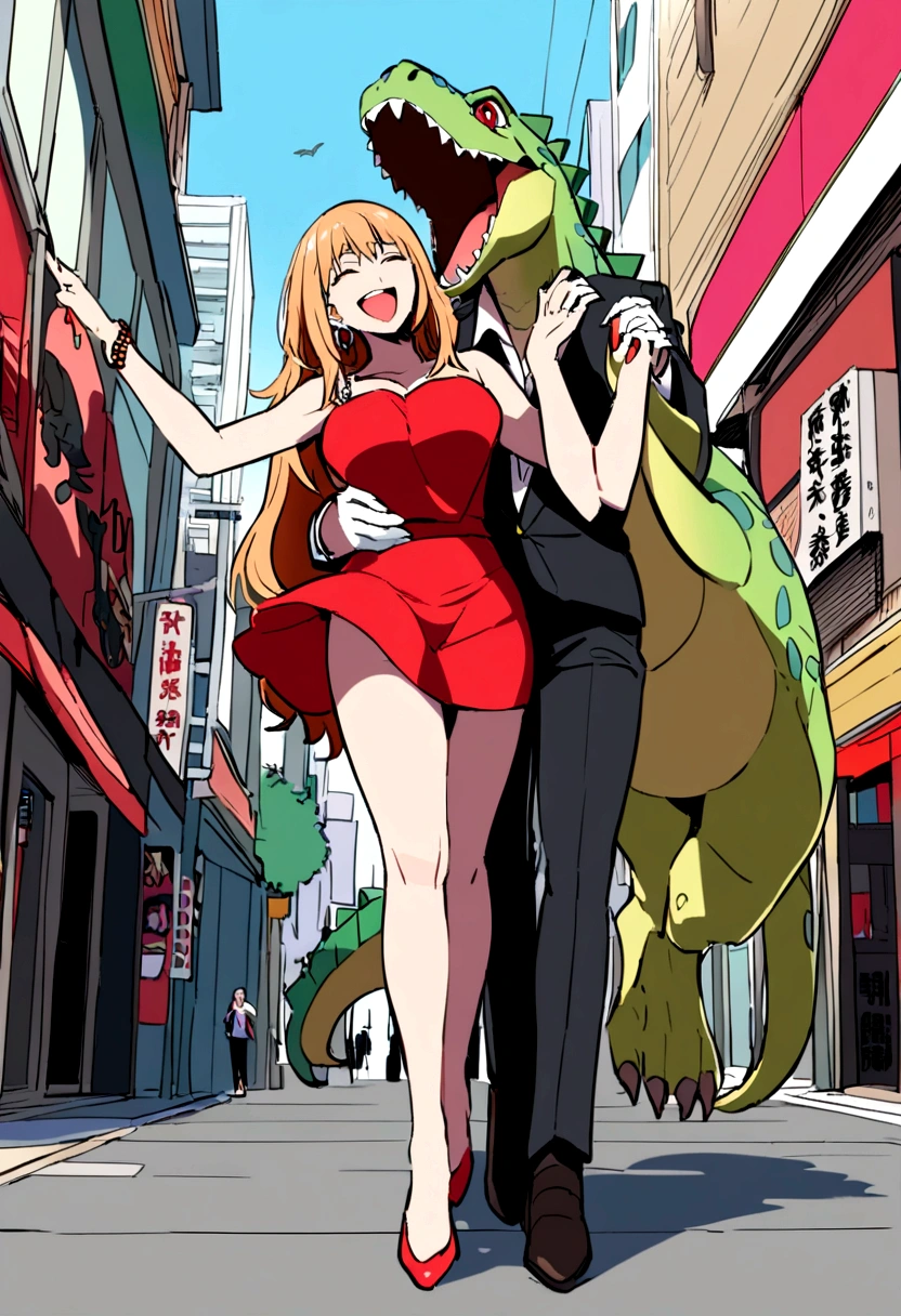 A dinosaur is walking through the city of Kabukicho in Shinjuku, laughing as he holds the shoulders of a beautiful woman in a red miniskirt