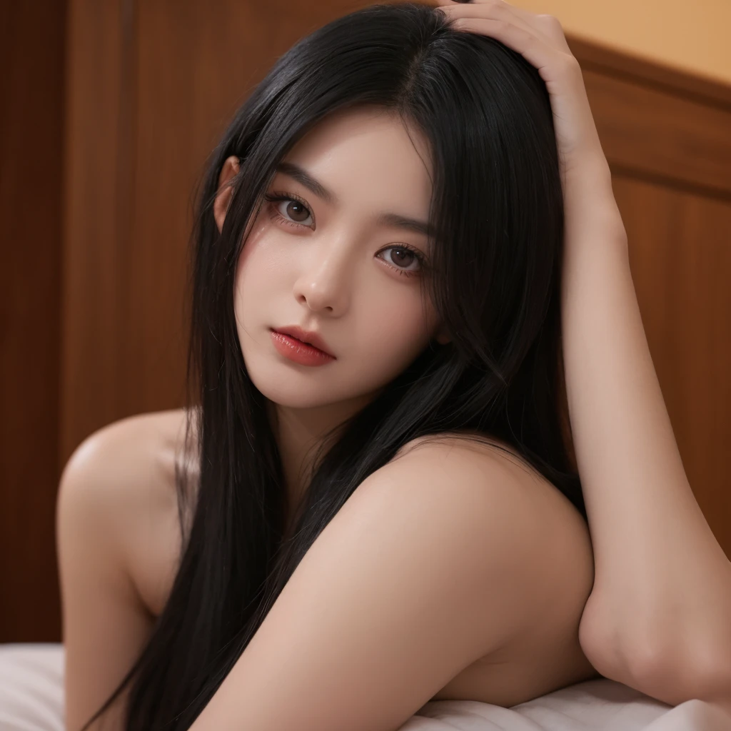 Korean model, Beautiful Face, Anguished expression、 Goth, （Completely naked），（nsfw）、(Small breasts:1.4)、Close ~ eyes
