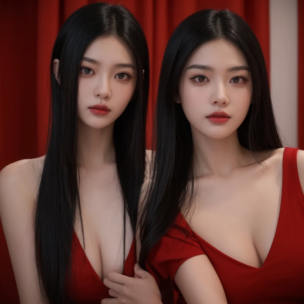 Black hair, sinister face, seductive, zoom to face, red eyes, one people, in room, sexy, natural face