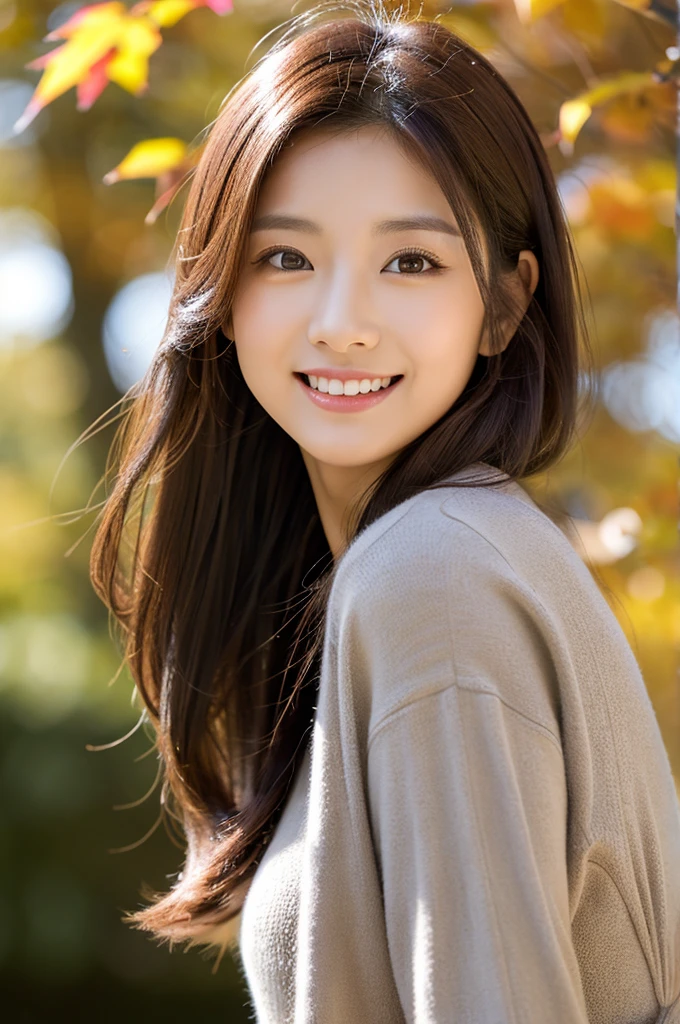 8K Super Resolution、Beauty、One Lady、Dark Brown Hair:1.1、Ultra-detailed face、Detailed lips、important、(Eyes meet)、double eyelid、Princess Eyes、 Beautiful Japanese Woman、Beautiful Japanese Woman、 Sensual lips、Bewitching body、Bust size 82、8 Life-size、Standing in a provocative pose facing forward with a well-balanced, natural body、Girlfriend in her 20s、(28 years old)、far and near method、Smiling with a nice smile、 ワインcolorワンピースドレスを着て、Hair blowing in the wind、Clear images、The sparkle of tiny eyes、Fine autumn leaves dyed red、color々Hair style、