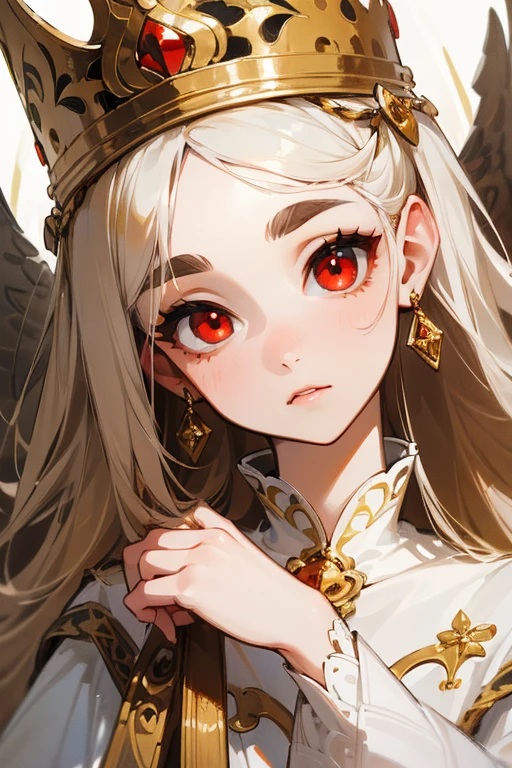 (Highest quality, masterpiece:1.2), High resolution, Very detailed, Realistic:1.37, Fantasy, An illustration, Red eyes, Queen, White Dress.The image of the face remains the same、Pupils are black、Gold decoration、Strong details、((Hair is white))、Thick eyebrows、