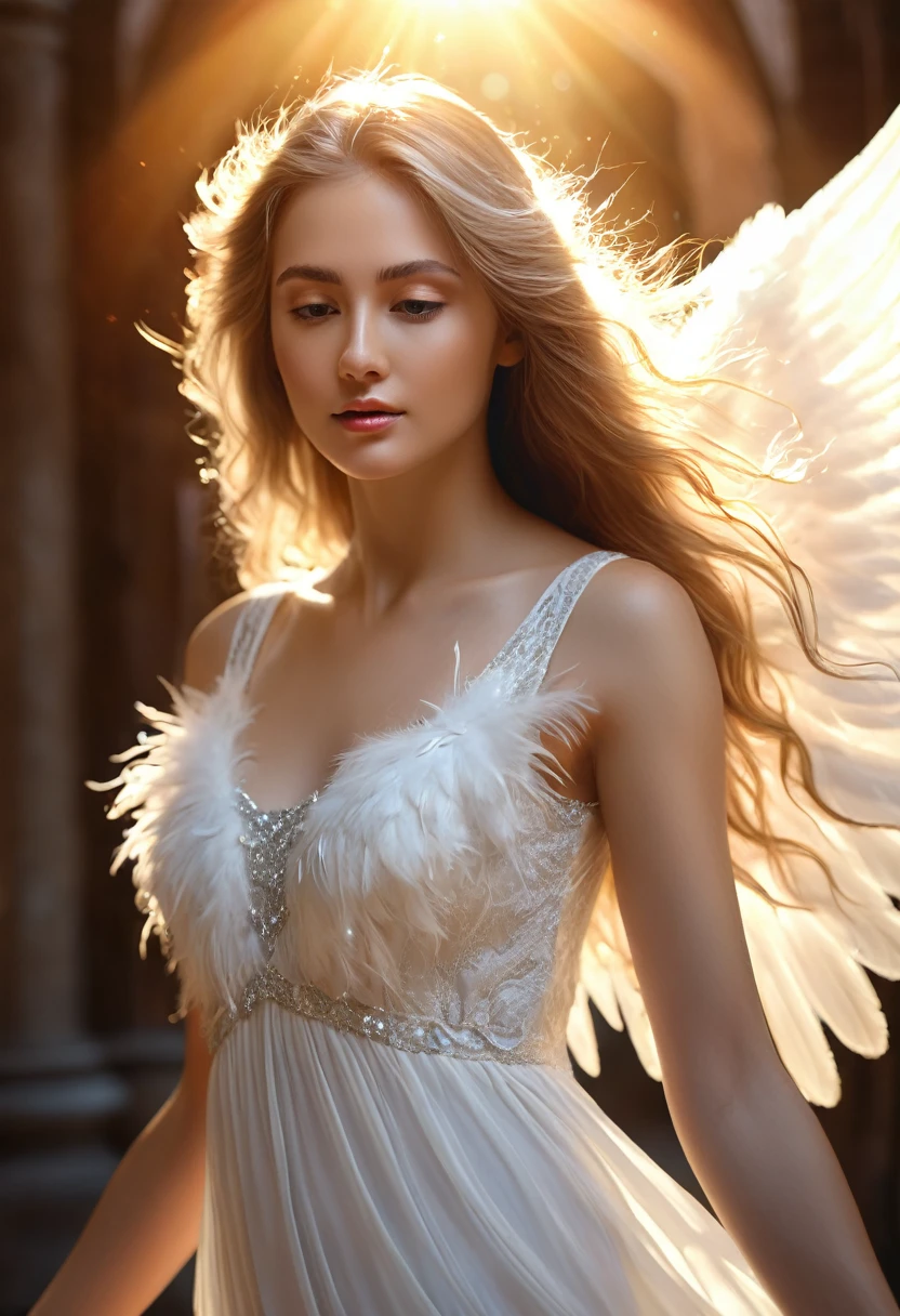a beautiful angelic woman, 1girl, long flowing hair, ethereal glowing aura, soft delicate features, serene peaceful expression, wearing a flowing white dress, angelic wings, detailed intricate feathers, heavenly light shining around her, (best quality,4k,8k,highres,masterpiece:1.2),ultra-detailed,(realistic,photorealistic,photo-realistic:1.37), cinematic lighting, dramatic shadows, warm glowing colors, dreamlike fantasy scene