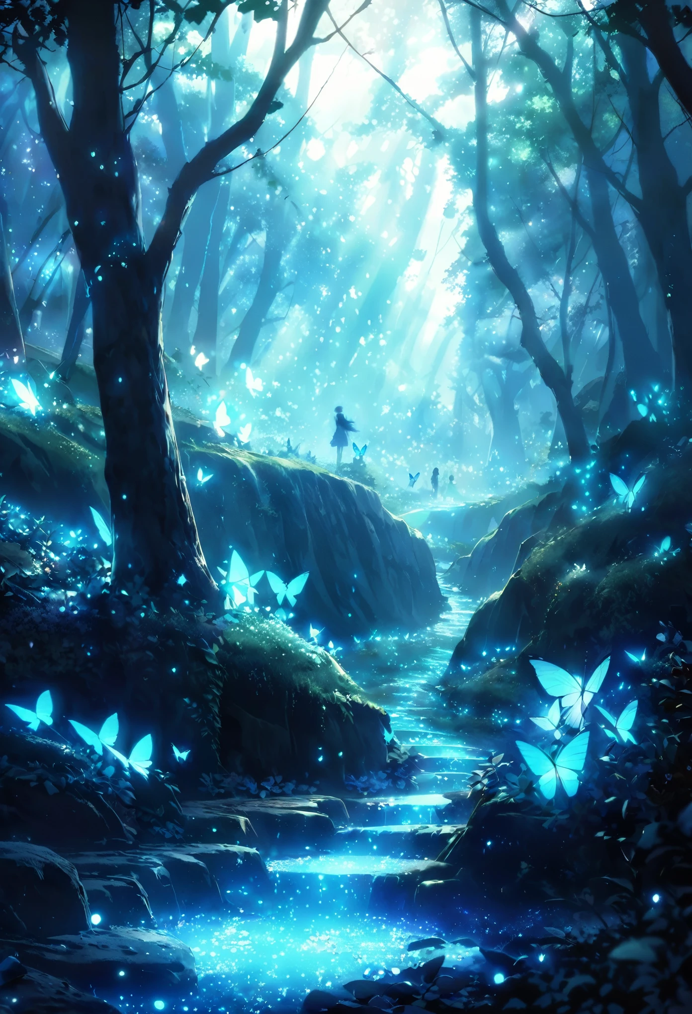 There is a path in the middle of the forest，leaves will shine, glowing crystals on the ground, glowing butterflies, cave glowing stones, Glowing Elves, Glowing spores fly, Glowing blue butterfly, glowing eyes everywhere, Crystals illuminate the scene, glowing firebugs, distant glowing figures, There are little fireflies everywhere, Magical glowing eyes, glowing sphere, beautiful anime scenes