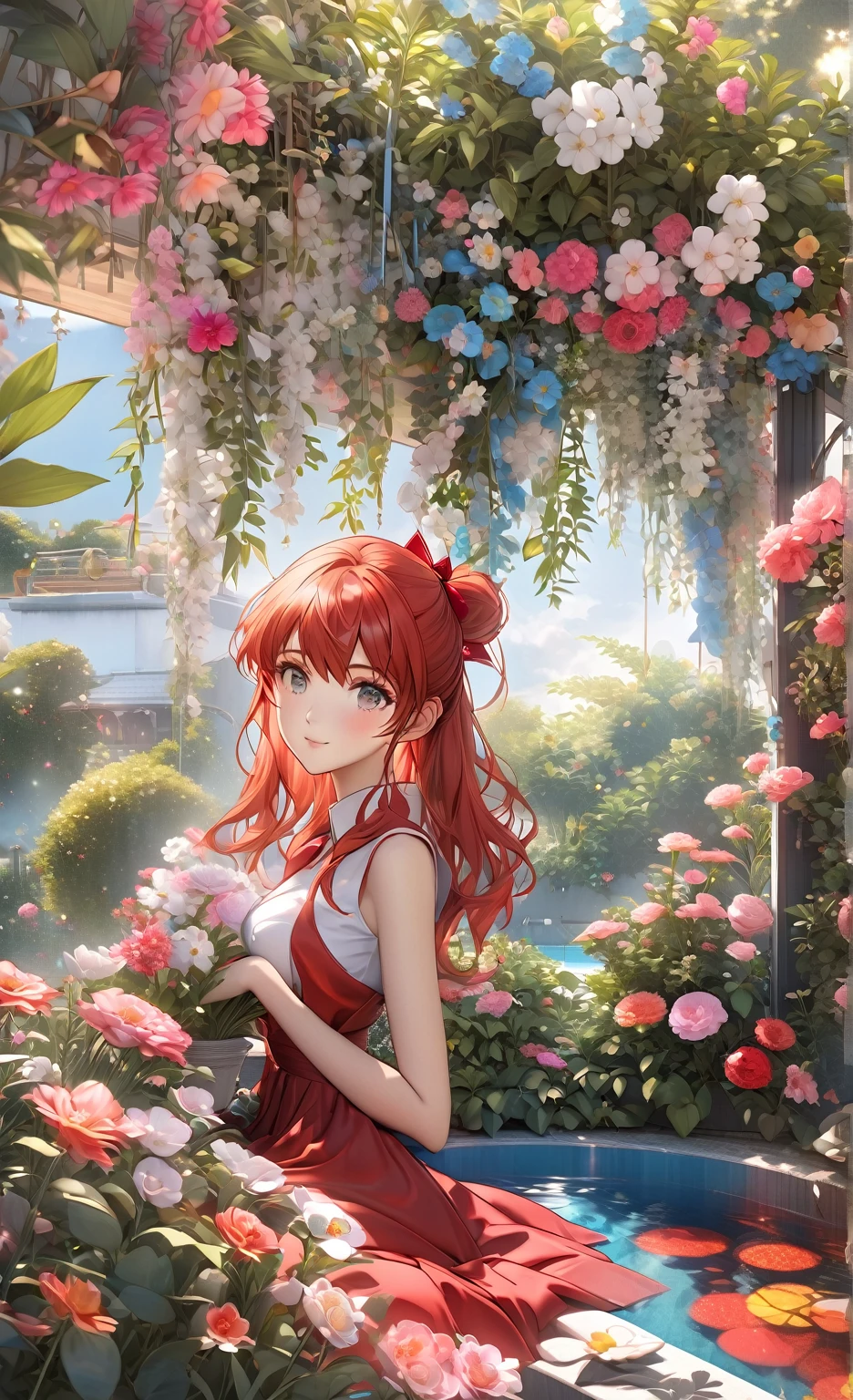 anime girl sitting in a garden with flowers and a blue pool, 🌺 cgsociety, beautiful anime portrait, official artwork, portrait of asuka langley soryu, beautiful anime art style, beautiful anime art, kawaii realistic portrait, beautiful anime girl, beautiful anime style, , beautiful anime artwork, beautiful anime, guweiz on pixiv artstation, rin