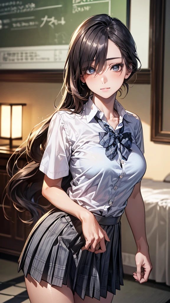 ((highest quality)), ((masterpiece)), (be familiar with), 1girl, middle hair, bangs,black hair,black eye,white blouse, blue and white,plaid skirt,(panty shot)