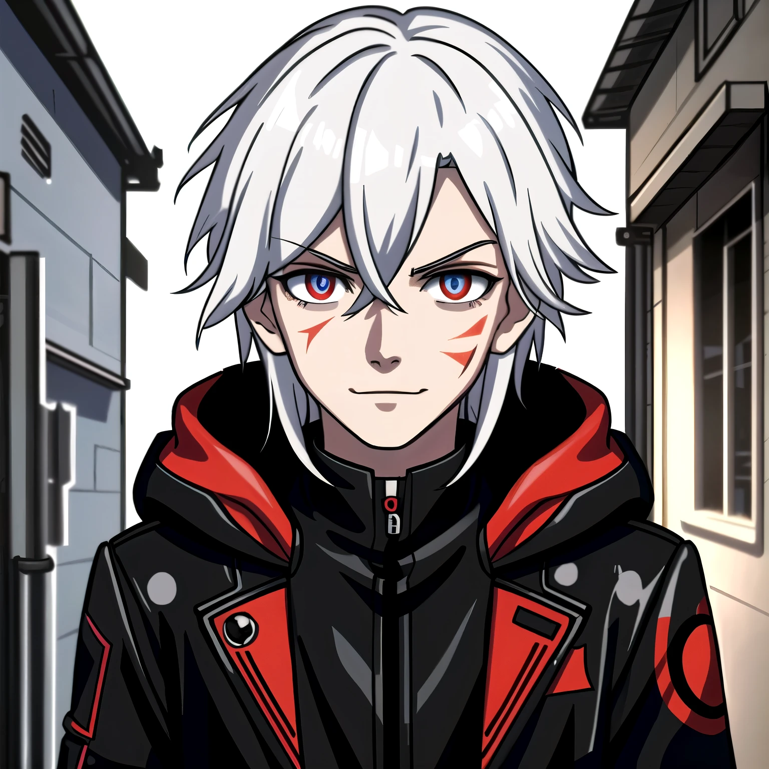 (high-quality, breathtaking),(expressive eyes, perfect face) portrait, Symmetrical Eyes, 1boy, male, teenager, solo, looking at viewer, portrait, simple background, white background, apocalyptic theme, ruined city buildings, alleyway, allen walker, red eye color, white hair, scar, facial mark, halfbody shot, medium hair length, shoulder length hair, confident expression, charming, black and red jacket, hood, red trim, smirk, cyberpunk clothing, Abzu, detailed eyes
