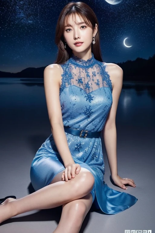 (8K, RAW Photos, Highest quality, masterpiece、Raw photo)、Portrait, Ultra high resolution raw color photos, Professional photos、Ultra-high resolution, 8K image wallpaper、(Realistic, Real photo),(1 person)、Beautiful woman with perfect body、Full body image, Glowing Skin、Glossy lips、Highly detailed face and skin texture、Detailed Eyes、double eyelid、Sharp long legs、Dark brown hair, (Happy expression)、((Light blue high neck lace dress))、(silk pantyhose)、High heels、Sitting pose, Night in the background、Wind、Starry Sky、moon、((Above the knee shot))