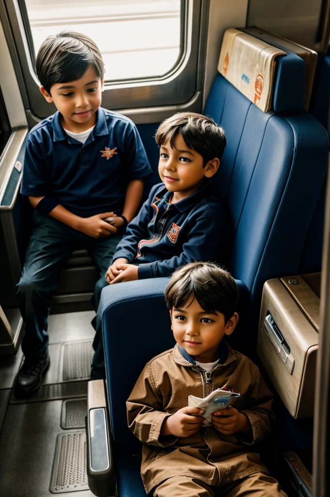 6 year old boy sitting next to a divine angel, on a freight train
