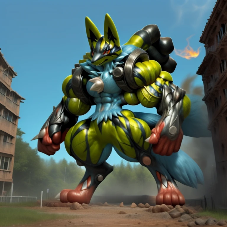 solo (masterpiece. official art. 8k. best quality. detailed full body. full body.)
(situation 1 : dominating mega lucario. focus GIANT mechanical Muscular mega lucario is trampling the CITY. macro. stomp. Low-angle perspective. emphasizing the immense size. The perspective is from below, emphasizing the sheer majesty and power of the Giant. giant art. He is much bigger than a skyscraper. Giga Giants. micro soccer field. looking down.)
(situation 2 :smoke and flames rising from the destruction in the city)
(Additional details 1: wearing a full-face helmet. high-tech bio-mecha armor. real texture material. whole body shines like metal. Wearing cyberpunk mecha. emphasizes the muscles. suit fully made of metal. intricate armor. Robotic suit. suit fully made of metal. cyborg. Powered exoskeleton with the same design as mega lucario).
(Additional details 2: (Detailed head. Detailed Body. Detailed abs. gigantic muscles. HYPER MUSCLES. Gigachad Muscular. big muscle. pecs. triceps. traps. unusually developed muscular body. body full of huge muscles. showing off muscles. pectorales enormes. Exaggeratedly huge muscles. huge muscles. long legs.).