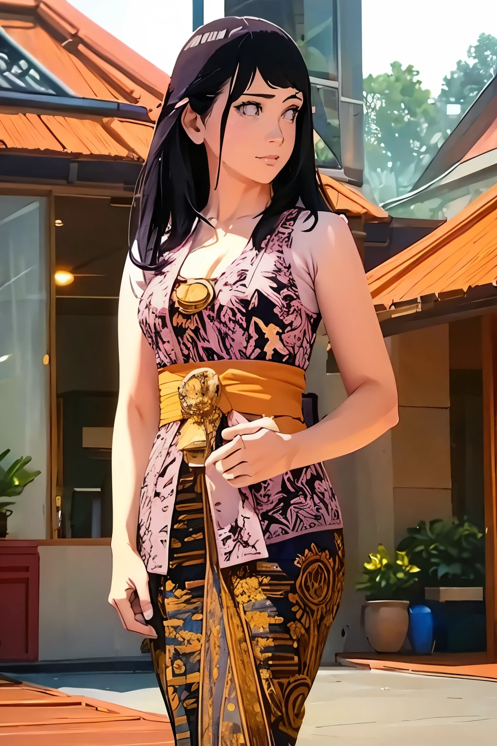 hinata, medium tits, busty, cleavage, gapura bali background, black hair, emotionless, ((green kebaya)), high resolution, 