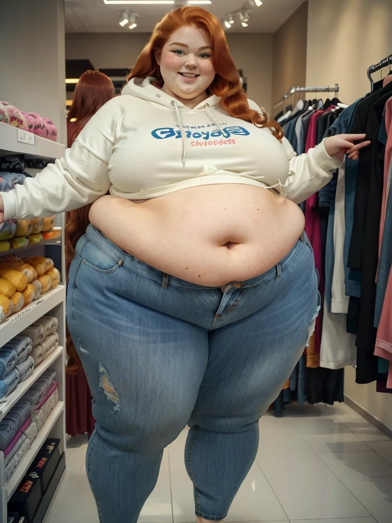 A happy photo of a young beautiful redhead ssbbw with long wavy ginger hair soft fat belly, very wide fat obese hips, thick fat wide legs and fat arms, cute pretty face, small breasts, blue eyes, freckles, in a cute covering hoodie and jeans, in a clothes shop