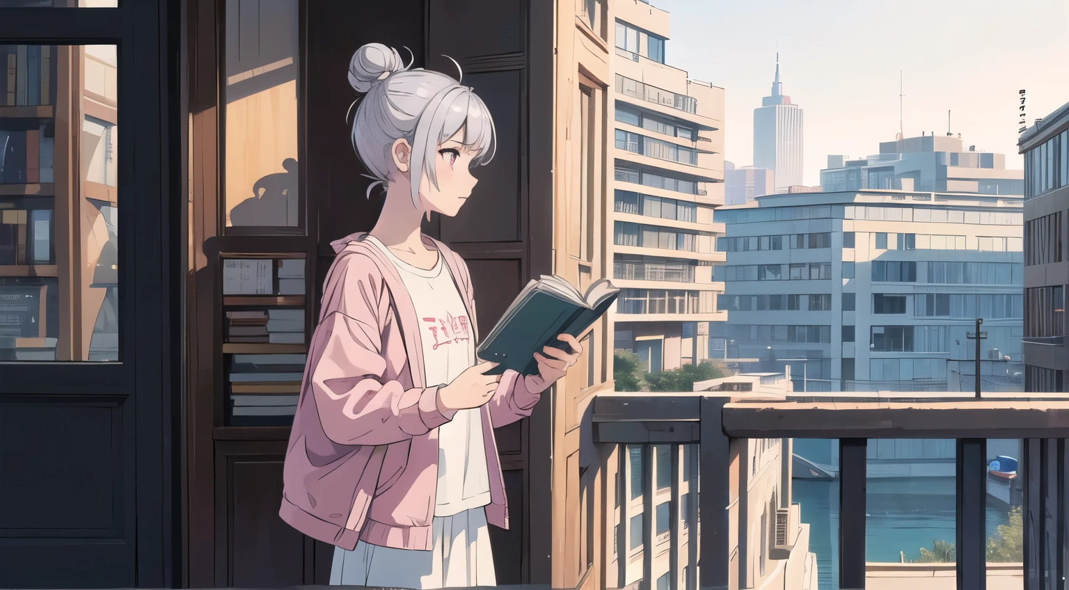 masterpiece, Highest quality, Super detailed, Wide-angle, A girl standing in the city, Silver Hair, A very short shortcut, Hair Bun, Pink Eyes, Casual and natural clothing, Side angle, (Holding a book:1.2), Minimal and simple composition, Light scattering