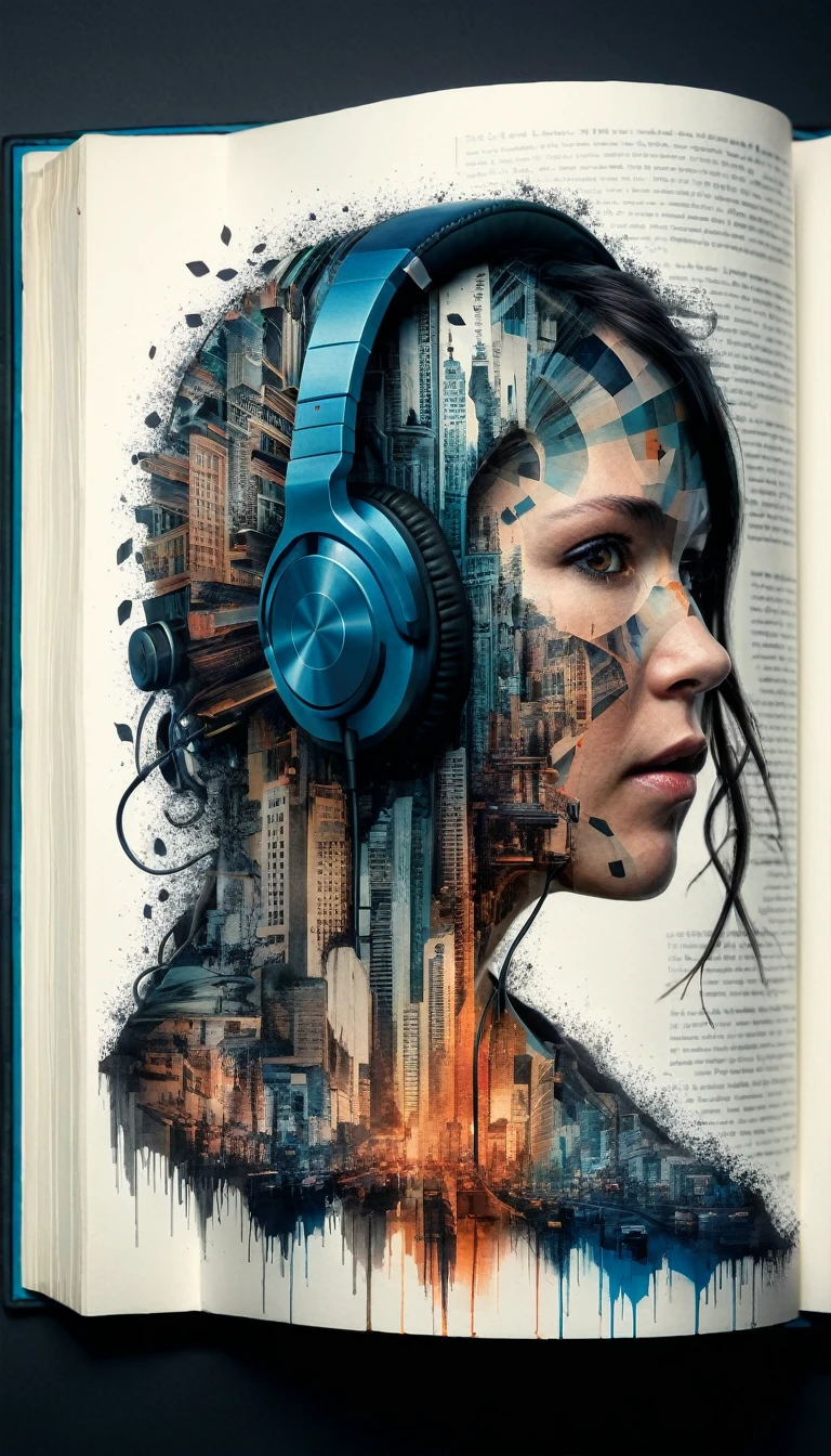 Mysterious woman wearing headphones, silhouette in a book., by Minjae Lee, Carne Griffiths, Emily Kell, steve mccurry, Geoffroy Thoorens, Aaron Horkey, Jordan Grimmer, greg rutkowski, amazing depth, double exposure, Surreal, Geometric patterns, intricately detailed, bokeh, perfect balanced, deep and thin borders, artistic photorealism , seeds, Great masterpiece from the immediate engineering manager.