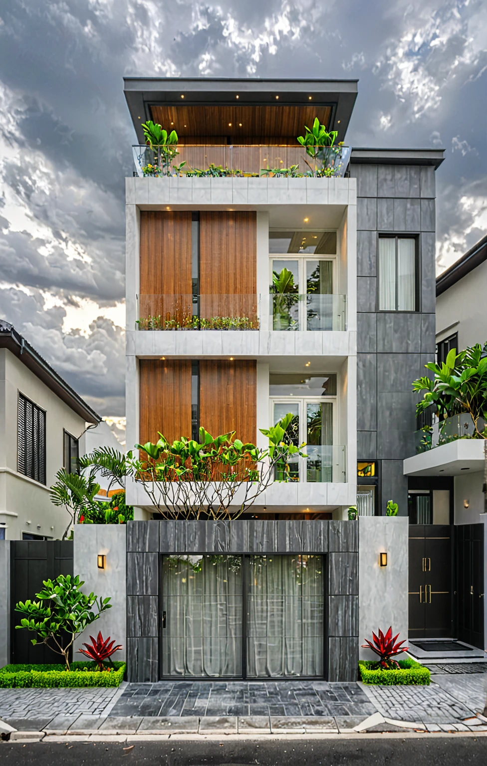 modern villa on street, (overcast lighting:1.2), tropical tree, vivid color, curve wall, streetcapes, nice sky, grey and wwhite tone, (large glass door:1.2), warm interior lighting, modern material, best quality, ultra realistic, masterpiece, 17ArchiAI_XL_VL-v1