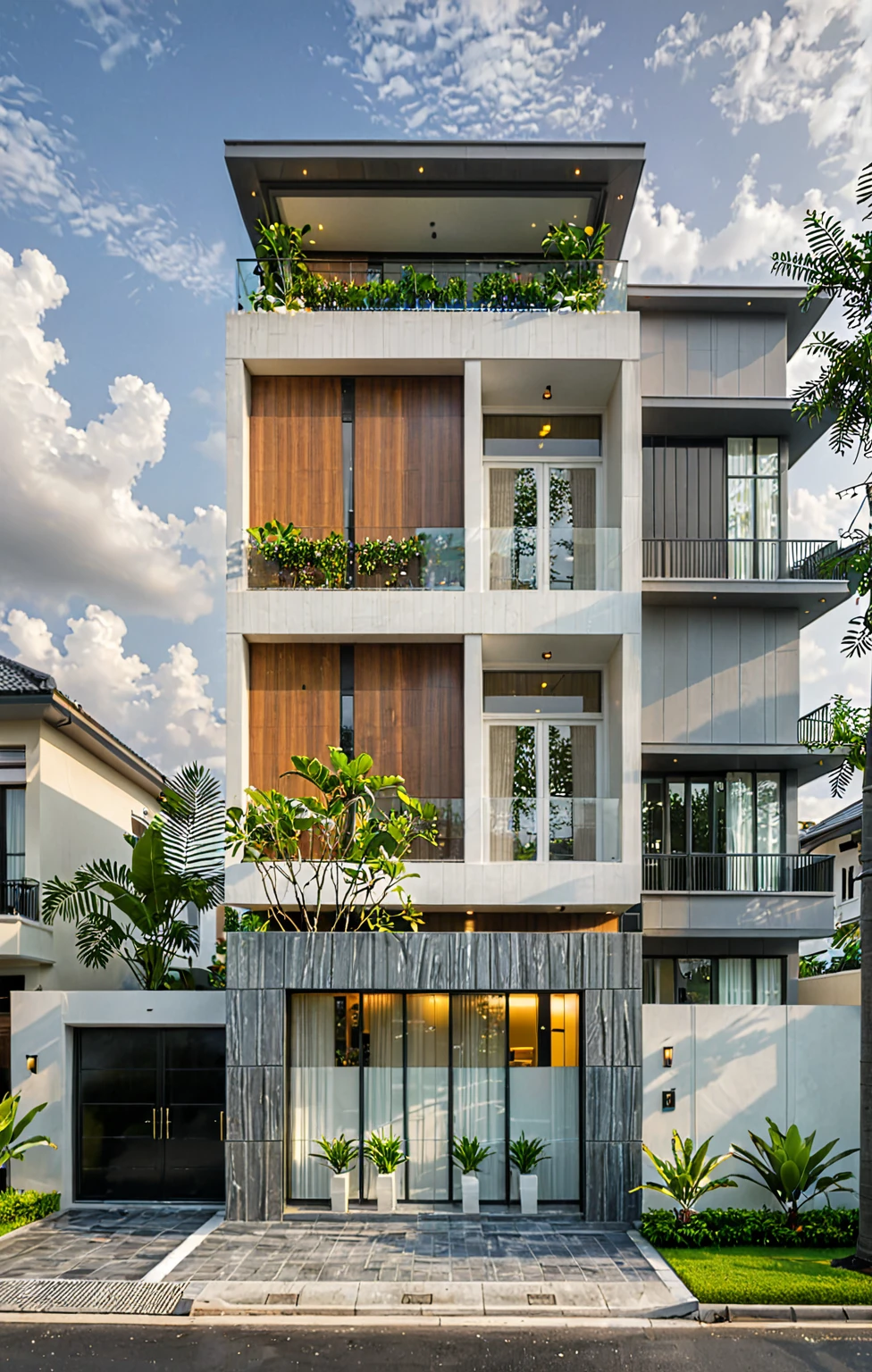 modern villa on street, (overcast lighting:1.2), tropical tree, vivid color, curve wall, streetcapes, nice sky, grey and wwhite tone, (large glass door:1.2), warm interior lighting, modern material, best quality, ultra realistic, masterpiece, 17ArchiAI_XL_VL-v1
