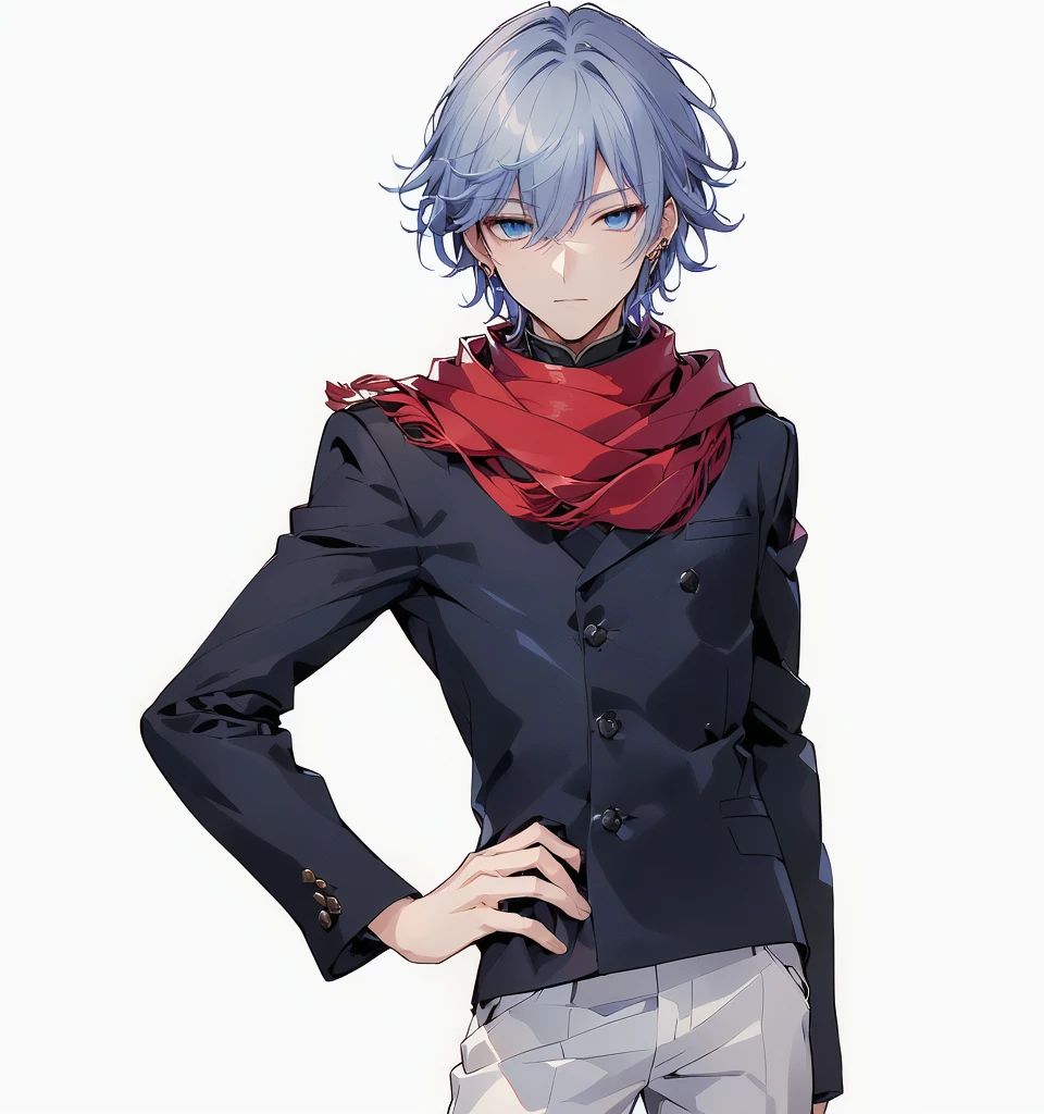 Close-up of a person wearing dark clothes and white pants, a man wearing a red scarf，a man with rather sharp hair，A man with gentle eyes，Anime handsome man, Tall anime man with blue eyes, Inspired by Ryusei Kishida, Kazuma Kaneko, kakyoin, Shikano Makoto, Xin Jiacheng, ( ( ( Ji Chengyao ) ) ), Cool anime poses, Akihiko Yoshida!