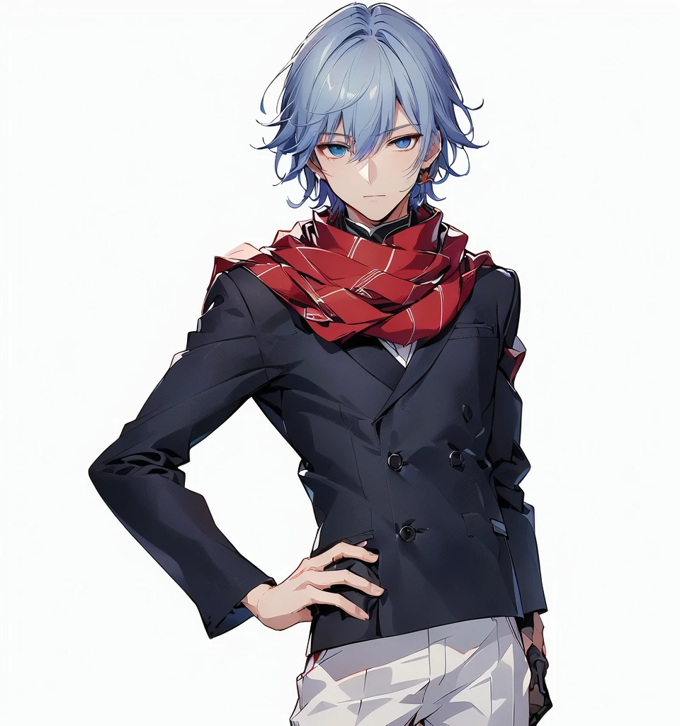 Close-up of a person wearing dark clothes and white pants, a man wearing a red scarf，a man with rather sharp hair，A man with gentle eyes，Anime handsome man, Tall anime man with blue eyes, Inspired by Ryusei Kishida, Kazuma Kaneko, kakyoin, Shikano Makoto, Xin Jiacheng, ( ( ( Ji Chengyao ) ) ), Cool anime poses, Akihiko Yoshida!