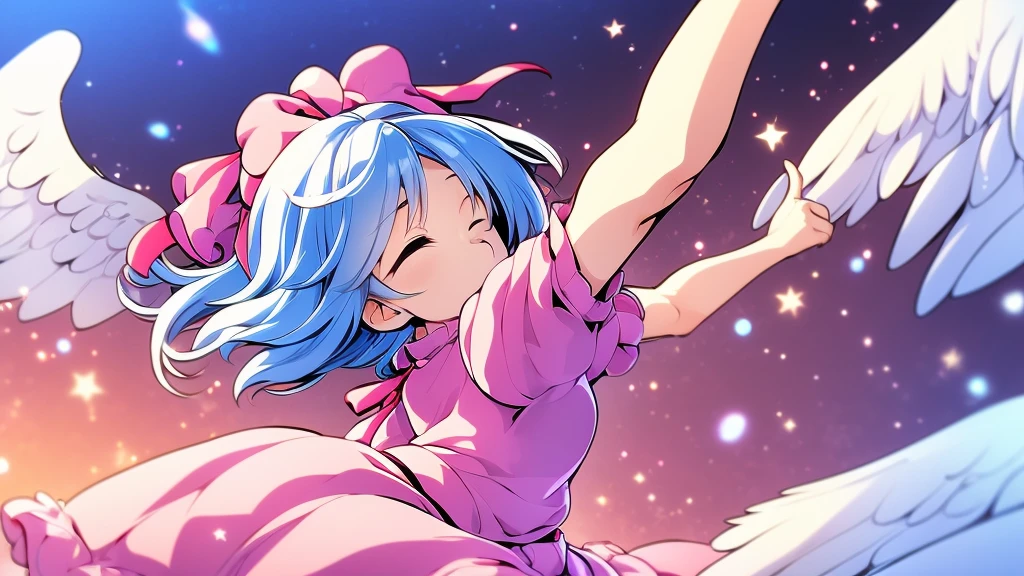 masterpiece, best quality, 1girl, , , , medium blue hair, hair flaps, pink ribbon on head, well-formed face, blue eyes, angel girl, white blouse, puffy short sleeves, red ribbon, angel wings, long white skirt, red shoes, frills, ribbon head, from behind, to lift up one’s skirt, cowboy shot, from front, standing , raise one leg, crossed arms, arms up behind, arms behind back, hand between legs, put hands hip, one hand on hip, forward hands, arms raised in the air, punch hands, peace sign, waving, put up index finger, sit, lie down, closed eyes, lie face down, looking back, put one hand chest, leaning forward, cleavage, close up, horizontally outstretched arms, horizontally outstretched legs, front view, front face